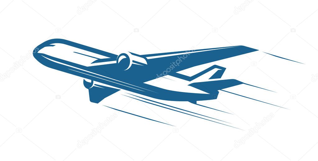 Aircraft, airplane, airline logo or label. Journey, air travel, airliner symbol. Vector illustration