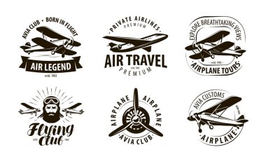 Uçak, uçak logo veya etiket. uçan kulüp, havayolu Icon set. tipografik tasarım vektör