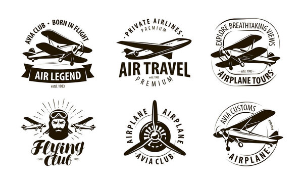 aircraft, airplane logo or label. flying club, airlines icon set. typographic design vector