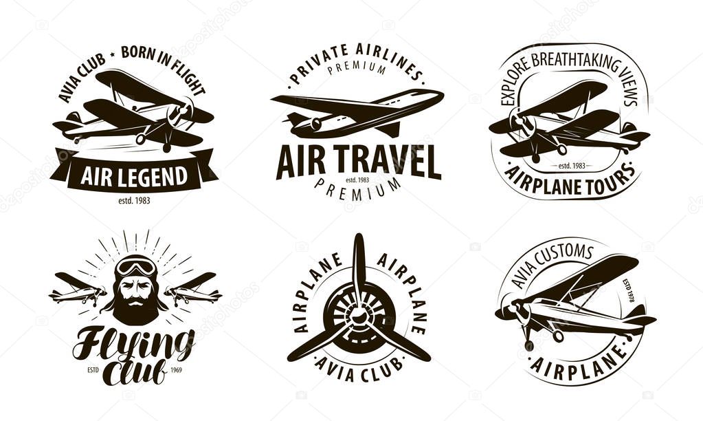 Aircraft, airplane logo or label. flying club, airlines icon set. typographic design vector