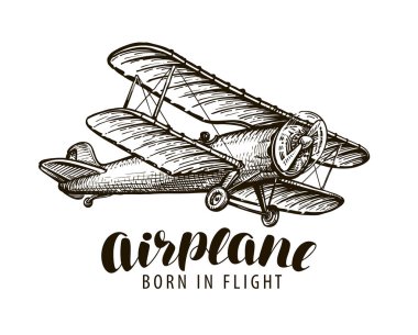 Vintage Uçak, çift kanatlı. Beyaz arka plan üzerinde izole sketch vektör çizim