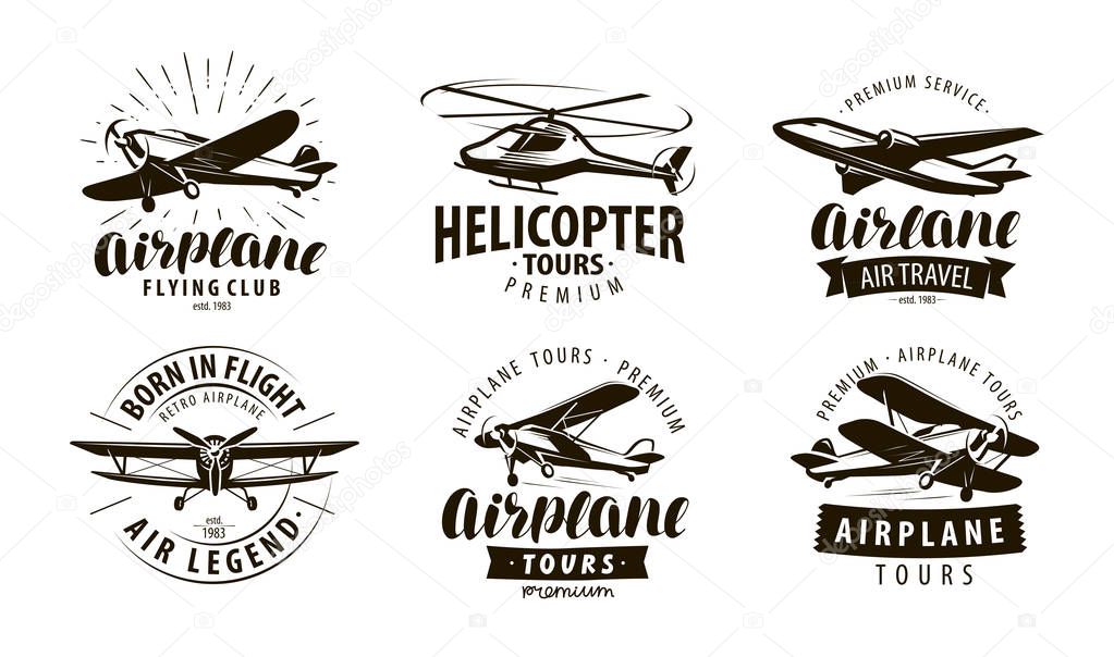 Aircraft, airplane, helicopter logo or icon. transport label set vector