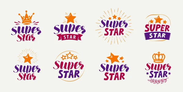 Super Ster Logo Etiketten Instellen Populariteit Roem Symbool Belettering — Stockvector