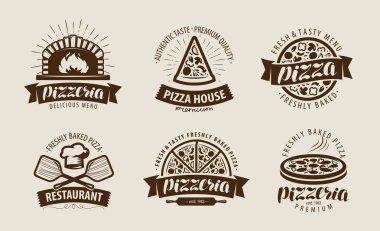Pizza, pizza logo veya etiket. Gıda sembol kümesi. vektör