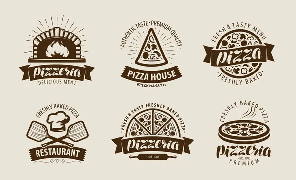 Pizza Logotipo Rótulo Pizzaria Conjunto Símbolos Alimentares Vetor —  Vetores de Stock