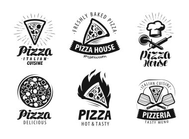 Pizza, pizza logo veya etiket. Gıda simge seti. Beyaz arka plan üzerinde izole vektör çizim