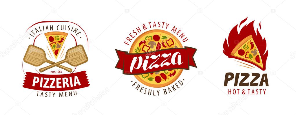 Pizza logo or label. pizzeria, food concept vector