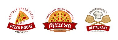 Pizza, pizza logo veya etiket. Menü tasarımı restoran veya kafe için etiket. Beyaz arka plan üzerinde izole vektör çizim