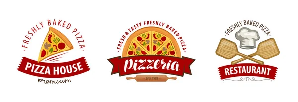 Pizza Logotipo Etiqueta Pizzería Etiquetas Para Menú Diseño Restaurante Cafetería — Vector de stock