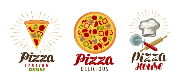 Pizza Logo Pizzeriei Sau Pictograma Etichete Pentru Meniu Design Restaurant — Vector de stoc