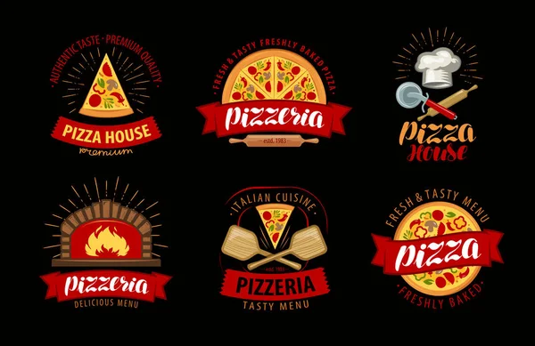 Pizza, pizza logo veya etiket. Tasarım öğeleri menü için restoran veya Cafe — Stok Vektör