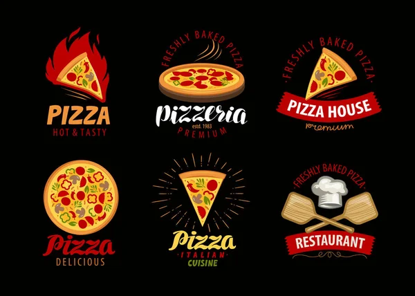 Pizza Pizza Etiket Veya Logo Menü Tasarımı Restoran Için Öğeleri — Stok Vektör