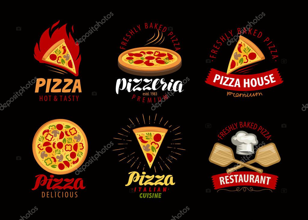 Pizza, pizzeria label or logo. Elements for menu design restaurant
