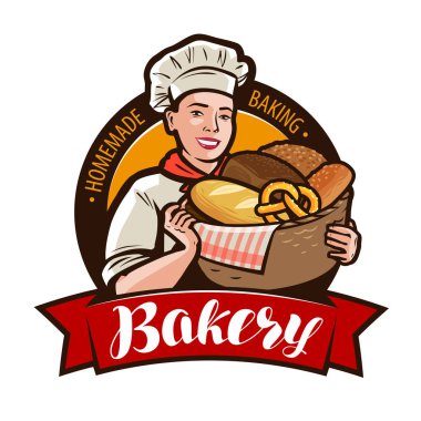ekmek, bakeshop logo veya etiket. bir hasır sepet ekmek dolu tutan kadın baker