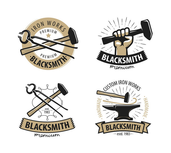 blacksmith, forge logo or label. workshop, iron work symbol. vector illustration isolated on white background
