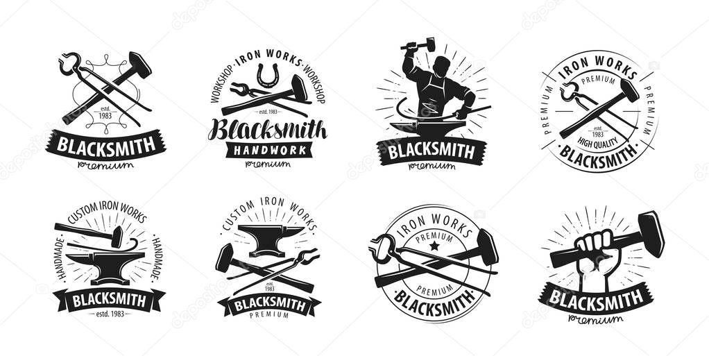 Forge, blacksmith logo or label. blacksmithing set of icons isolated on white background