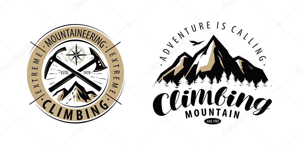 Climbing, mountaineering logo or label. mountains vector isolated on white background