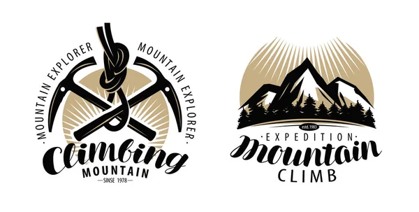 Alpinismo Logotipo Escalada Etiqueta Expedición Emblema Escalada Montaña — Archivo Imágenes Vectoriales