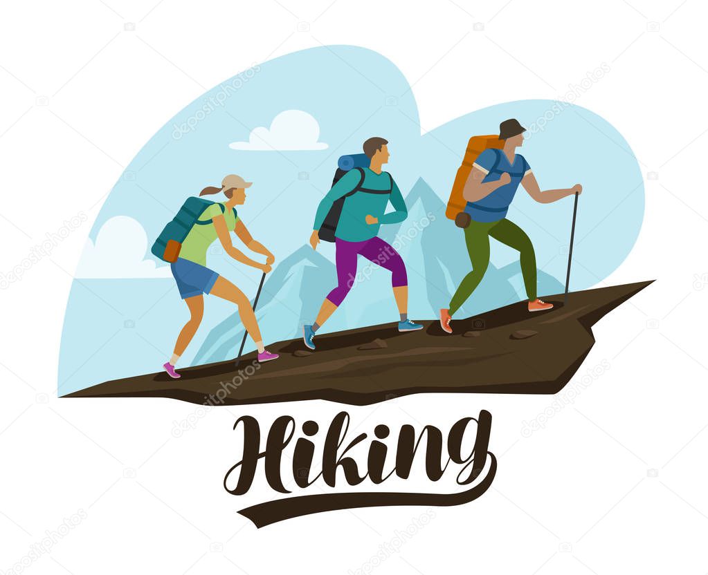 Hiking trip, climbing. People climb the mountain. Cartoon vector illustration