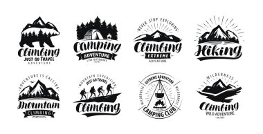 Kamp, tırmanma logo veya etiket. Gezi hiking, simgeler kümesi zammı. Yazı vektör