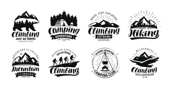 Camping, logo de escalada o etiqueta. Senderismo, senderismo conjunto de iconos. Vector de letras — Archivo Imágenes Vectoriales