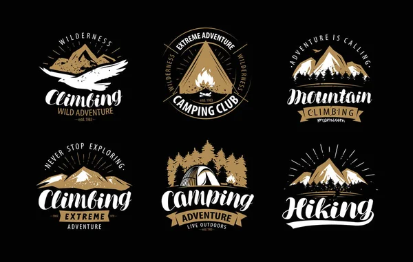 Escalada Logo Camping Emblema Set Etiquetas Senderismo — Archivo Imágenes Vectoriales