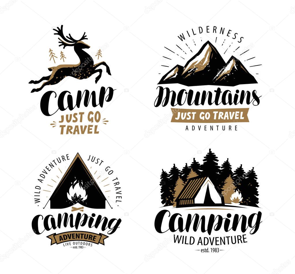 campaign logo or label. Hiking trip, hike icon set. typographic design vector isolated on white background
