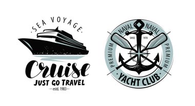 Cruise, yat kulübü logosu veya etiket. Deniz kavramı. Yazı