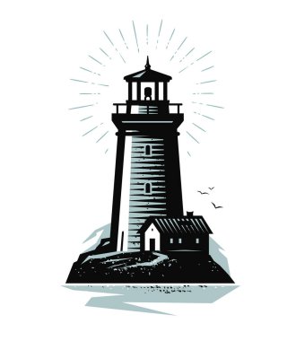 deniz feneri logo veya etiket. deniz kavramı. Beyaz arka plan üzerinde izole vektör çizim