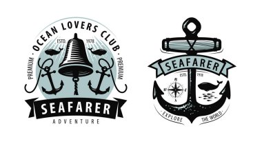 gemici, Denizcilik, cruise logo veya etiket. Deniz tema. Beyaz arka plan üzerinde izole vektör