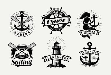 Yelken, logo veya etiket cruise. DENİZ kavram kümesi Amblemler. Tipografik Tasarım