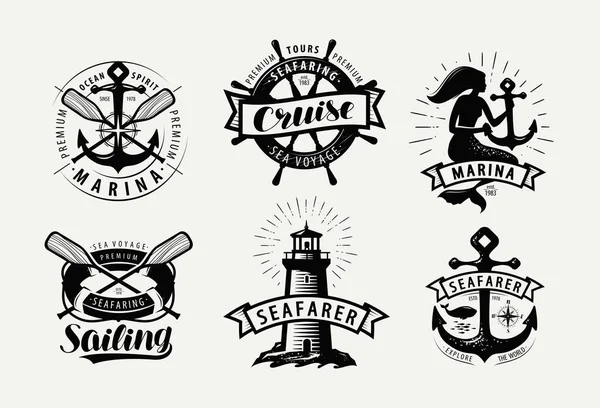 Yelken Logo Veya Etiket Cruise Deni Kavram Kümesi Amblemler Tipografik — Stok Vektör