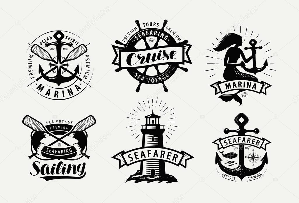 Sailing, cruise logo or label. Marine concept set of emblems. Typographic design