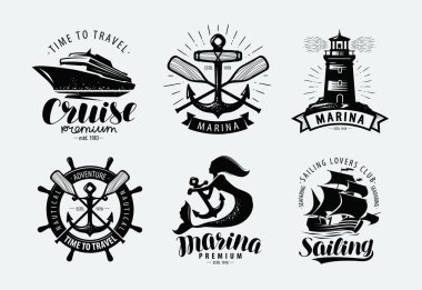 marina, yelken, logo veya etiket cruise. deniz Temalar, amblem ayarla
