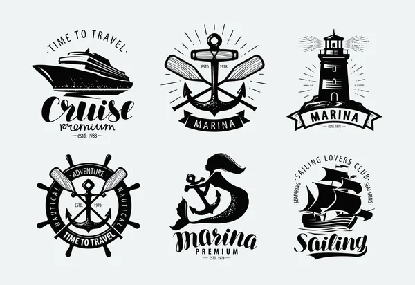 Marina Vela Logo Crucero Etiqueta Temas Marinos Conjunto Emblemas — Archivo Imágenes Vectoriales