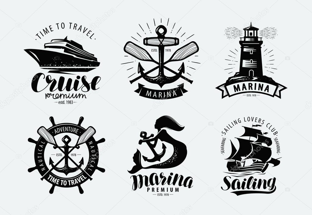 Marina, sailing, cruise logo or label. marine themes, set of emblems