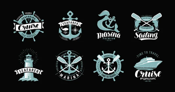 Marint tema och uppsättning av logotyper eller etiketter. Marine concept, vektor — Stock vektor
