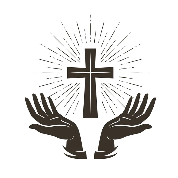 Logo nebo štítek kostela. Modlitba, náboženský koncept. Vintage vector illustration — Stockový vektor