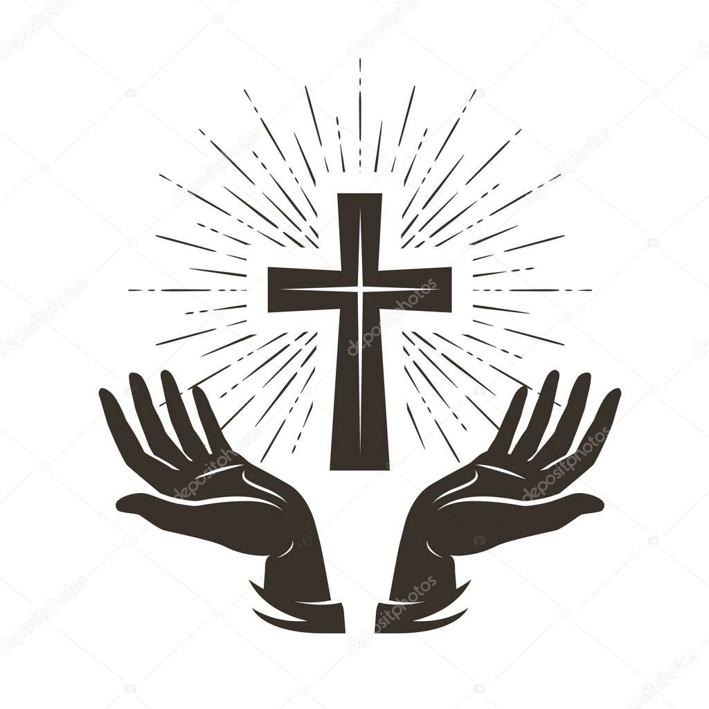 Church logo or label. Prayer, religion concept. Vintage vector illustration