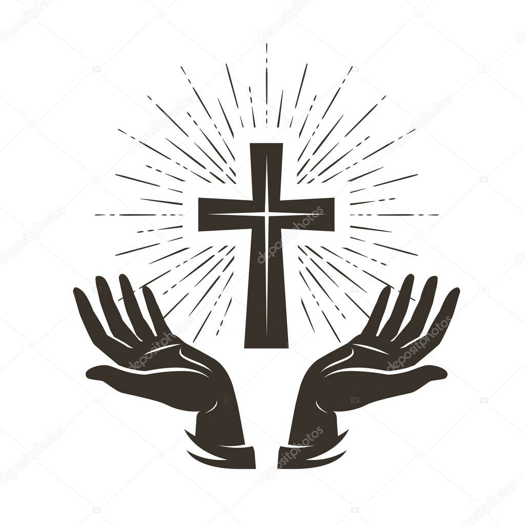 Church logo or label. prayer, religion concept. vintage vector illustration isolated on white background