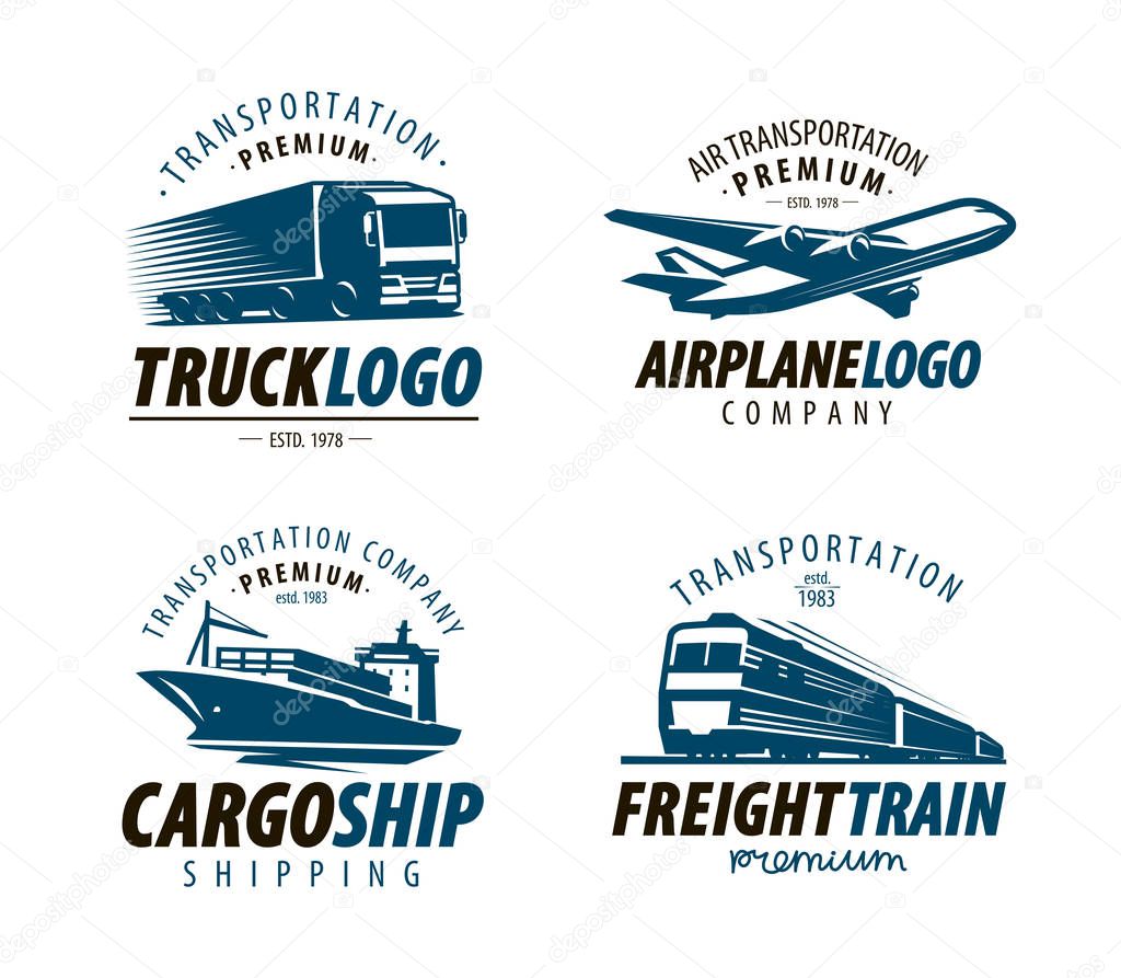 Shipping, transportation logo or label. Cargo transport, delivery set of emblems. Vector illustration