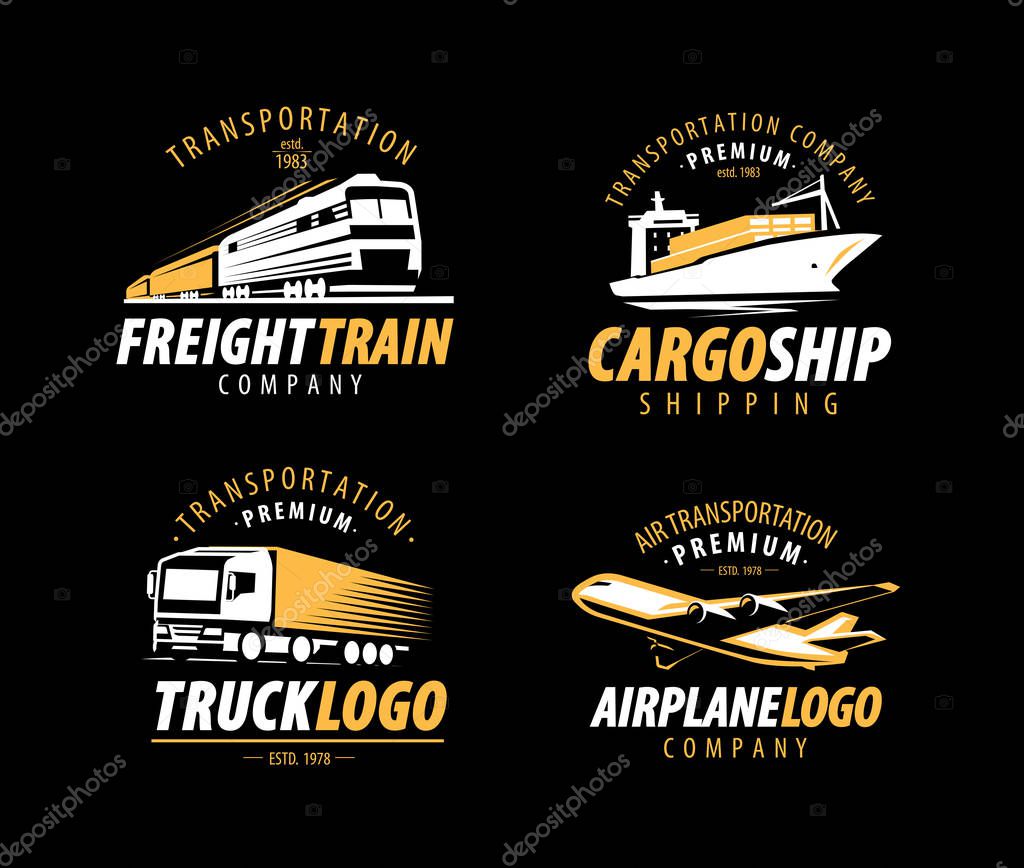 Transportation, Shipping logo or label. Cargo transport, delivery set of emblems. Vector