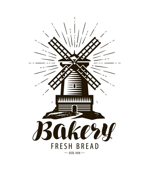 Bakery, bakehouse logo or label. Windmill, mill symbol, vector — Stock Vector