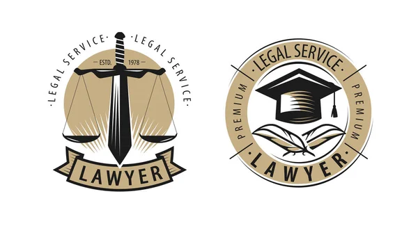 Abogado, logotipo de la oficina de abogados o etiqueta. Servicios legales, símbolo de justicia. Vector — Vector de stock