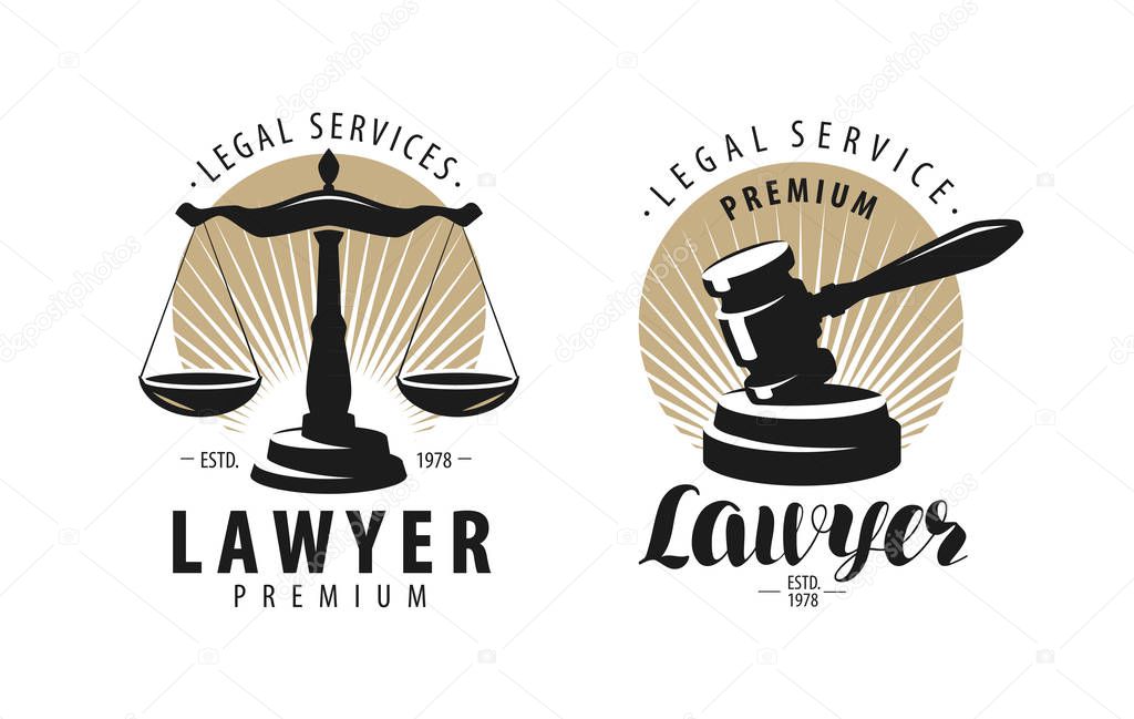 Law office, attorney, lawyer logo or label. Scales of justice, gavel symbol