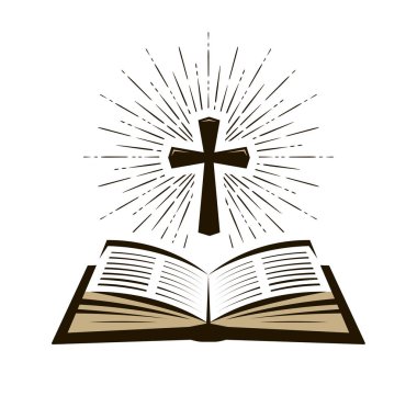 İncil, kutsal kitap logo veya etiket. İnanç, inanç, ibadet sembolü. Vektör çizim