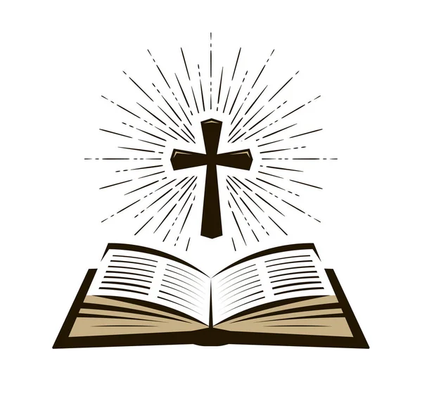 İncil, kutsal kitap logo veya etiket. İnanç, inanç, ibadet sembolü. Vektör çizim — Stok Vektör