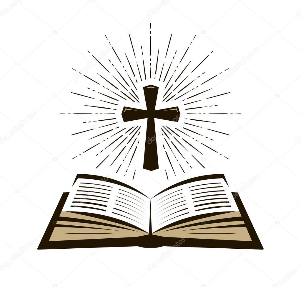 Bible, Scripture logo or label. Faith, creed, prayer icon Vector illustration