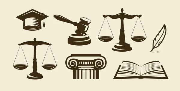 Набор Икон Правосудия Адвокат Адвокат Символ Закона Вектор — стоковый вектор