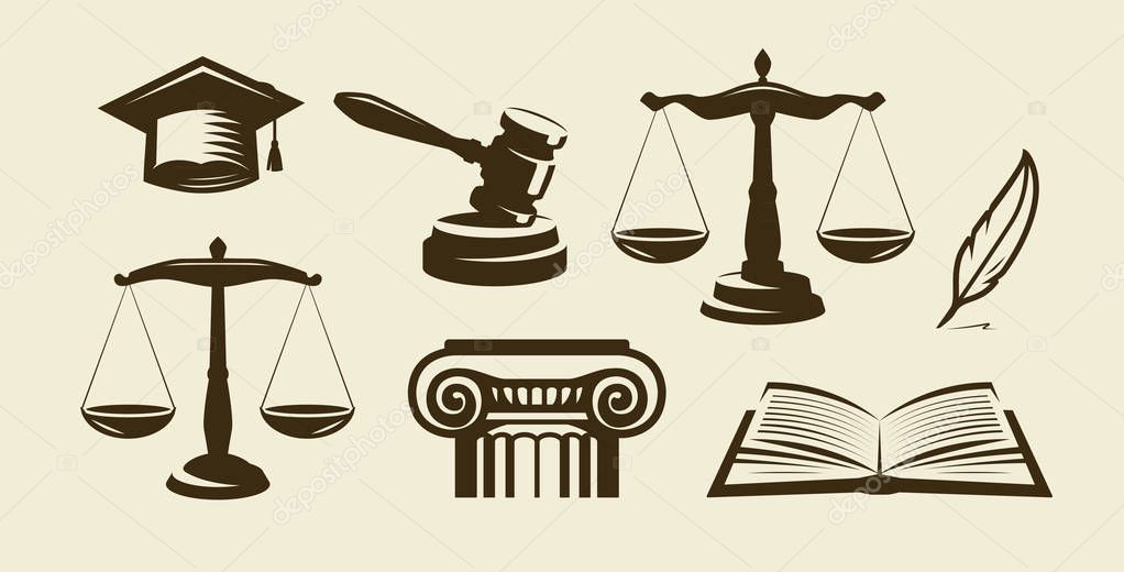 Justice set of icons. Lawyer, advocate, law symbol. Vector